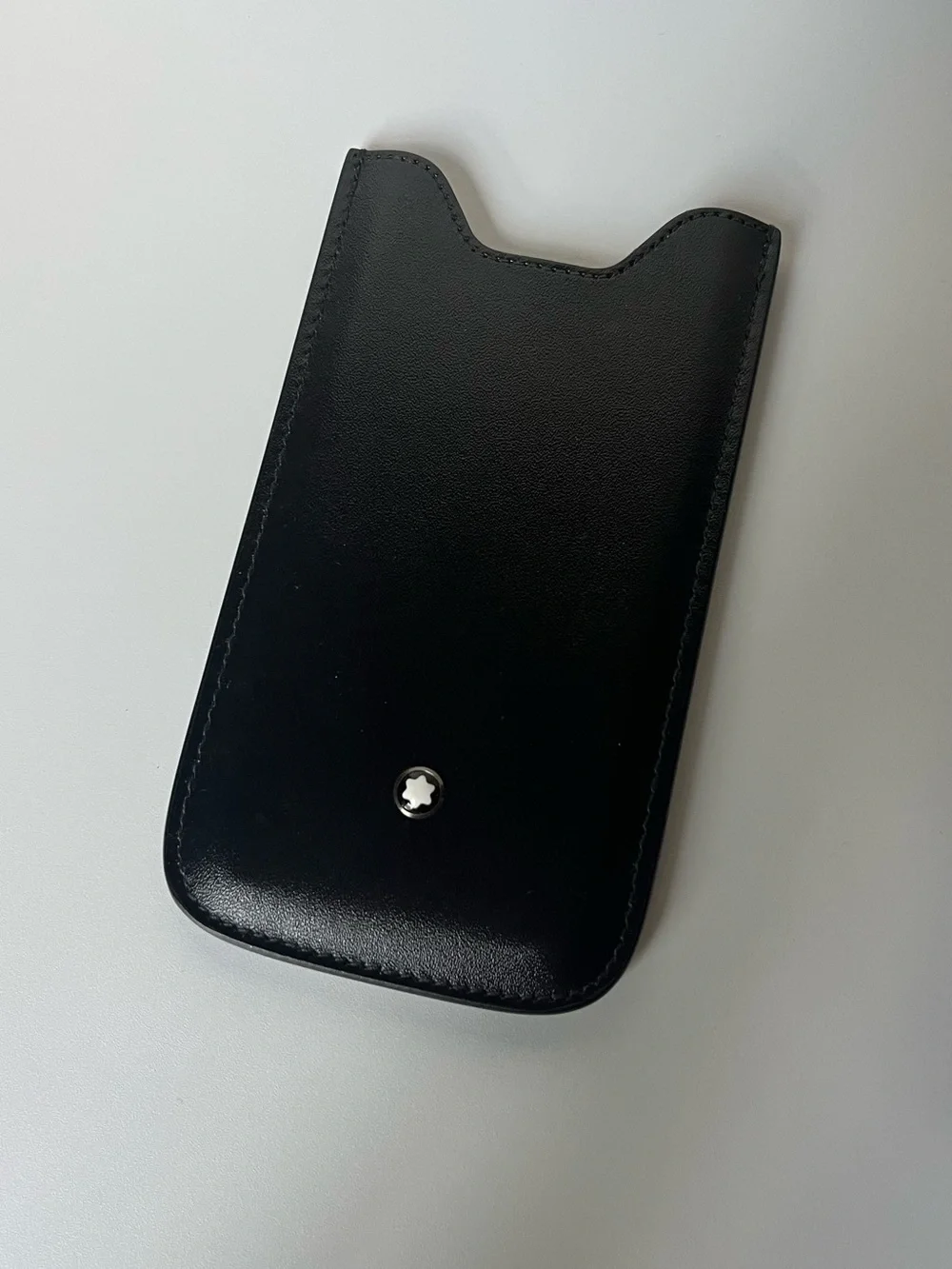 Montblanc Black Leather Small Phone Sleeve with Star Emblem Measures 5”x3”